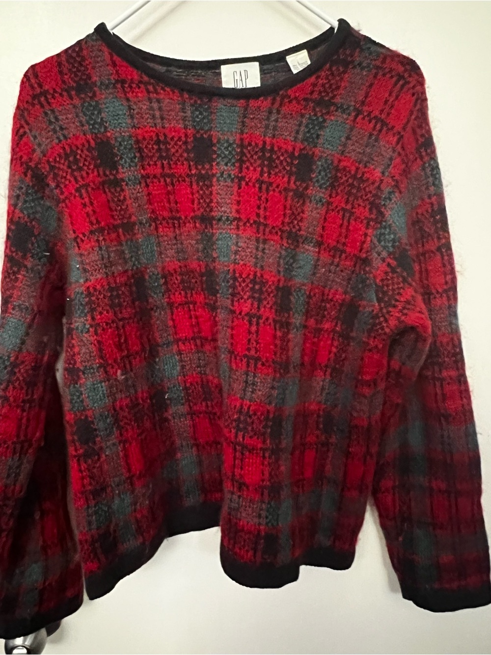 vintage 1990s Gap red, black, and green tartan plaid crewneck sweater